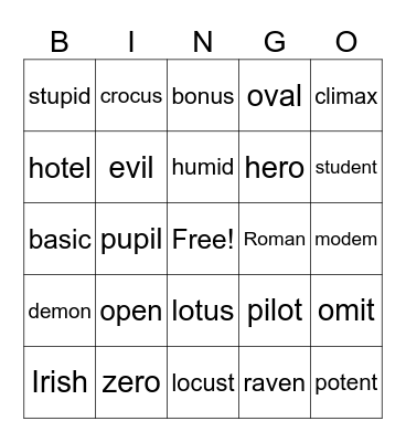 Open/Closed Syllable Words Bingo Card