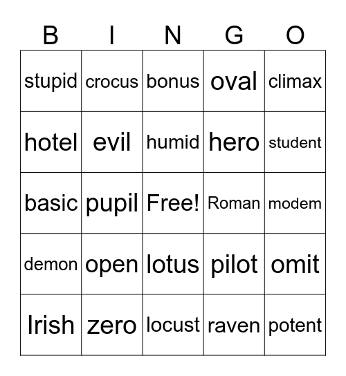 Open/Closed Syllable Words Bingo Card