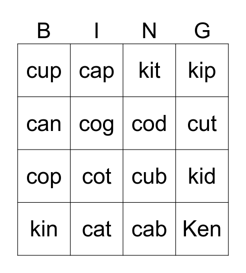 begining c and k Bingo Card