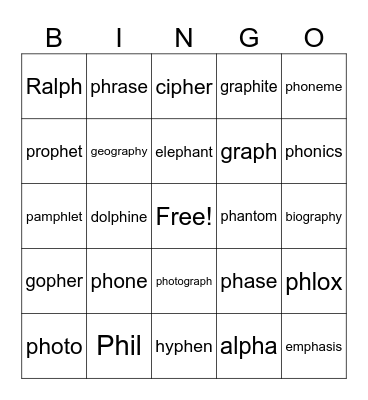 PH Phoneme Words Bingo Card