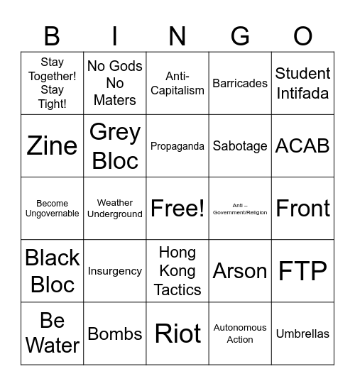 Learn the Lingo, Anarchy Bingo Card