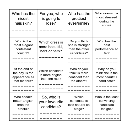 Ask the questions. Write the answers. Bingo Card