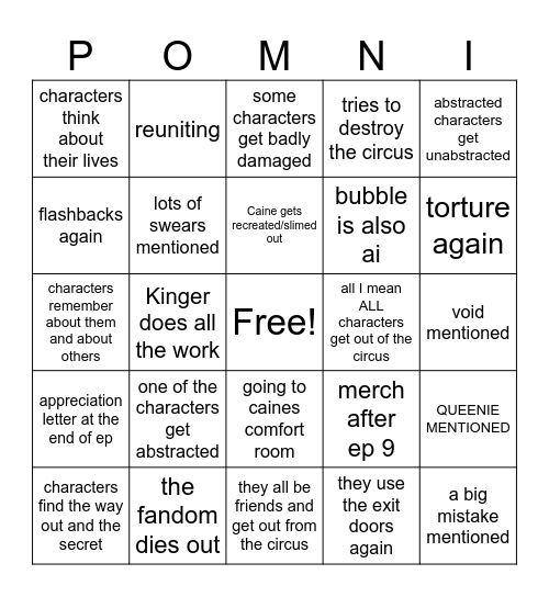 the amazing digital circus episode 9 predictions Bingo Card