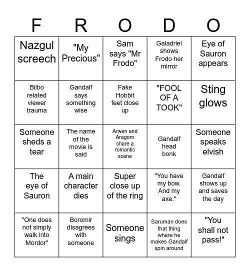 FELLOWSHIP OF THE RING Bingo Card
