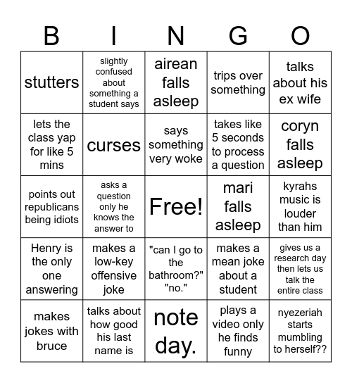 Mr Wilson bingo Card
