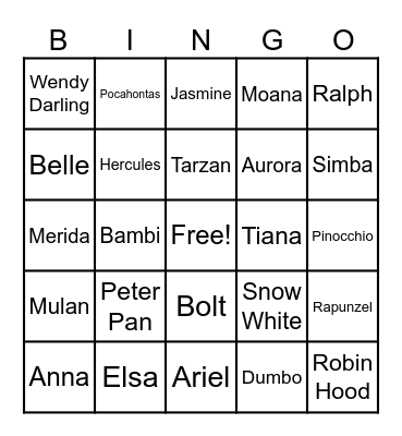Disney Characters Bingo Card