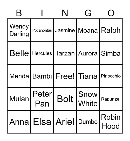 Disney Characters Bingo Card