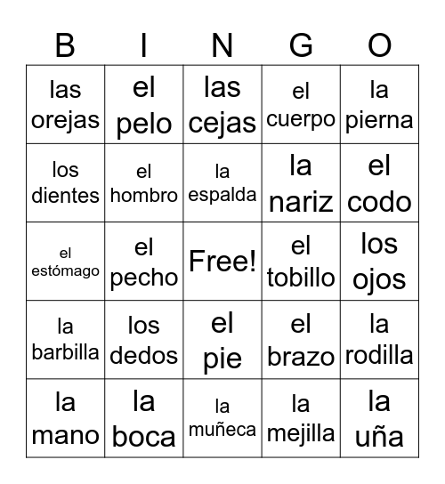 El cuerpo/The Body Bingo Card