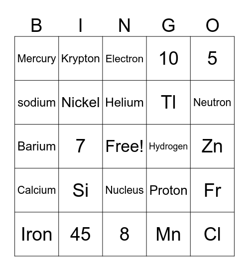 Periodic Table of Elements Bingo Card