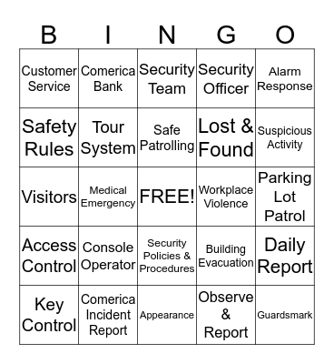 Comerica Corporate Security Bingo! Bingo Card