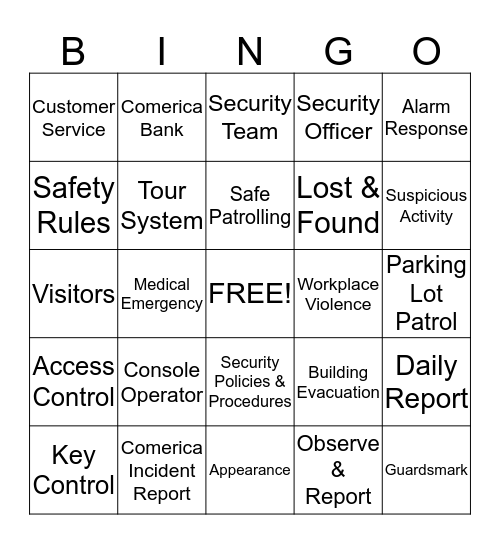 Comerica Corporate Security Bingo! Bingo Card