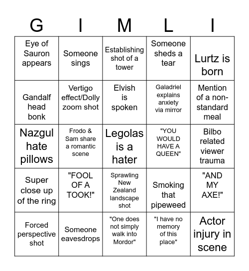 FELLOWSHIP OF THE RING Bingo Card