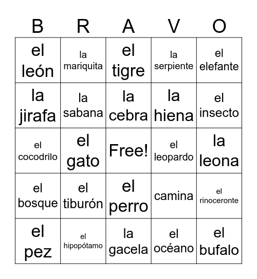 Los animales -#3 Bingo Card