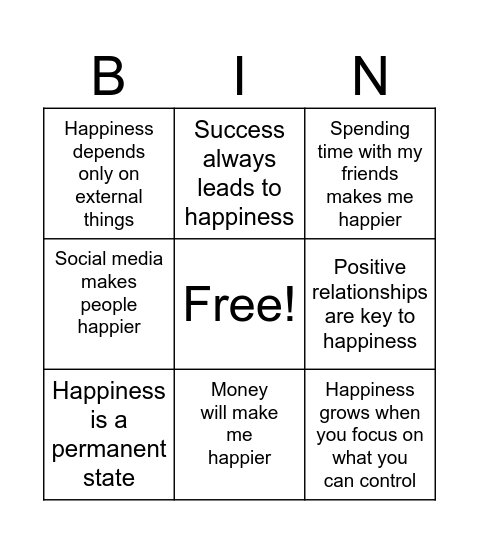 Happiness Bingo Card