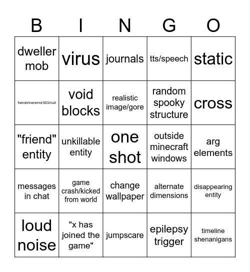 minecraft horror cliches Bingo Card