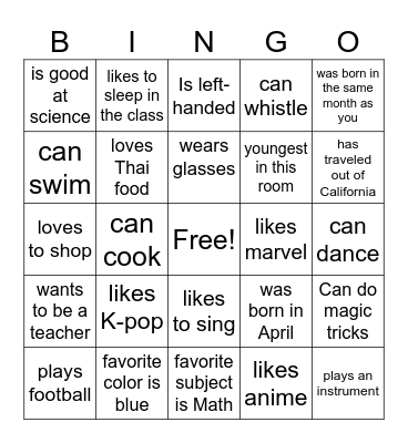 Get to know you Bingo Card