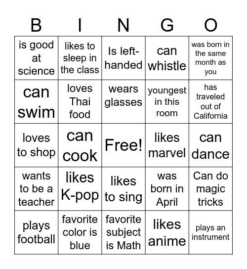 Get to know you Bingo Card