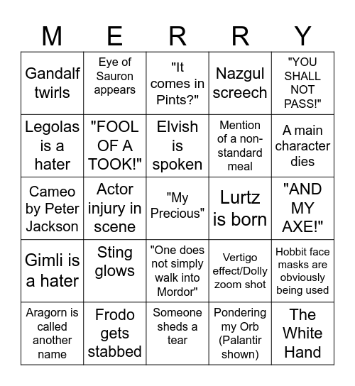 FELLOWSHIP OF THE RING Bingo Card