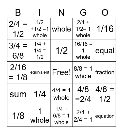 Fraction Bingo Card