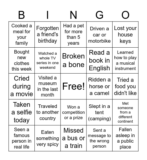 Present Perfect Bingo Card