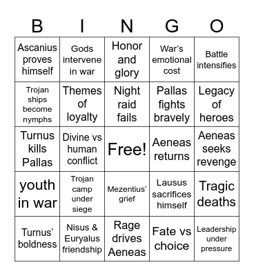 The Aeneid Books 9 and 10 Bingo Card