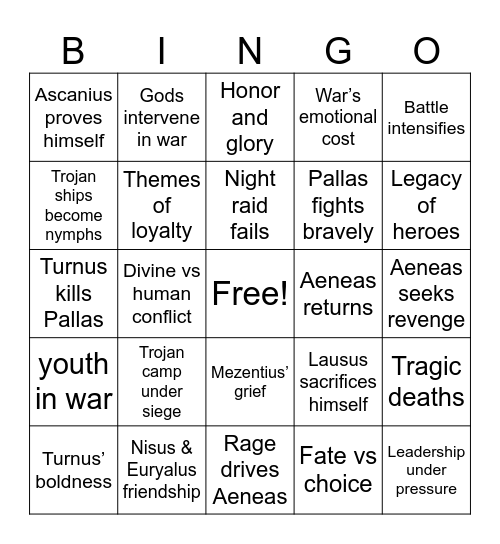 The Aeneid Books 9 and 10 Bingo Card