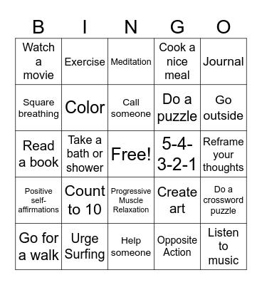 Coping Skills BINGO Card