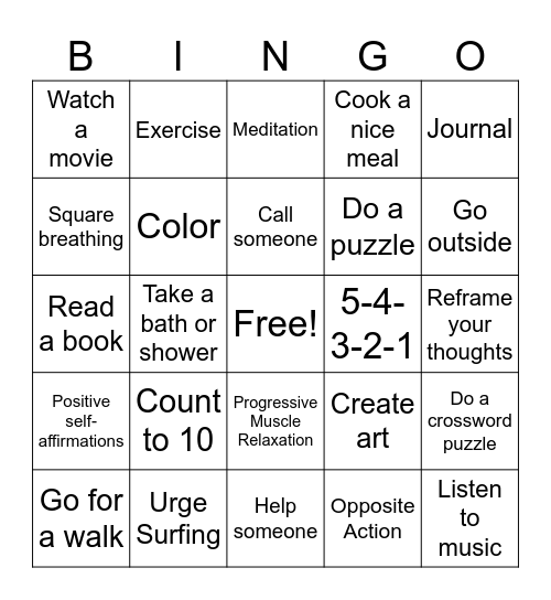 Coping Skills BINGO Card