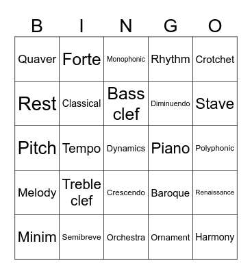 Musical Bingo Card