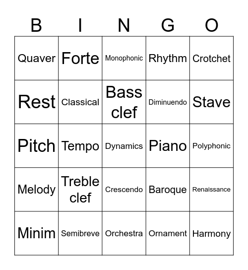 Musical Bingo Card