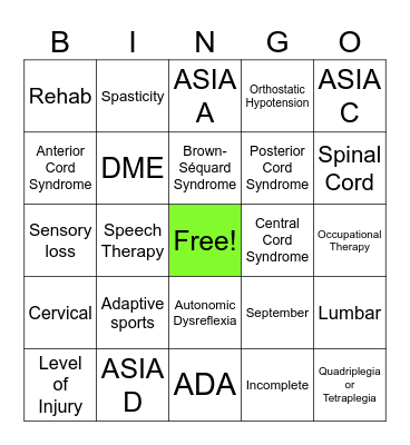 Spinal Cord Injury Bingo - Regional Once Health Inpatient Rehab Bingo Card