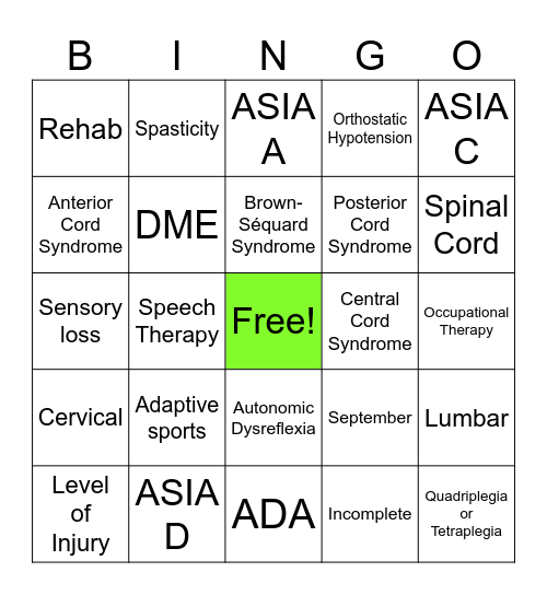 Spinal Cord Injury Bingo - Regional Once Health Inpatient Rehab Bingo Card