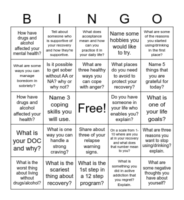 Recovery Bingo Card