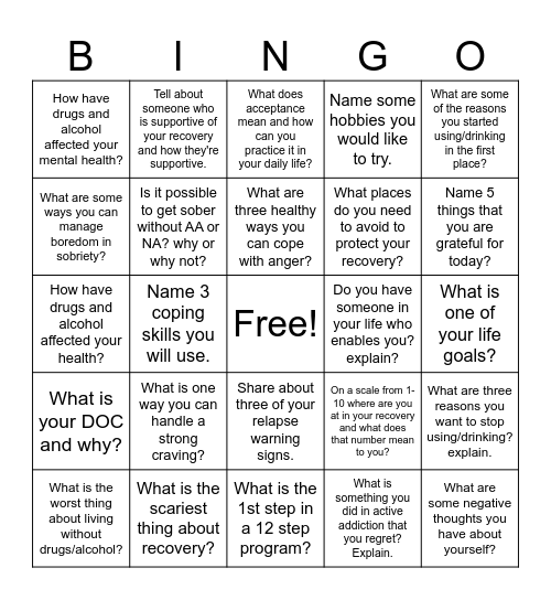 Recovery Bingo Card