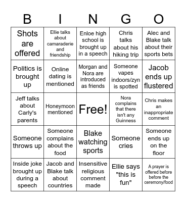 Jarvis Wedding bingo Card