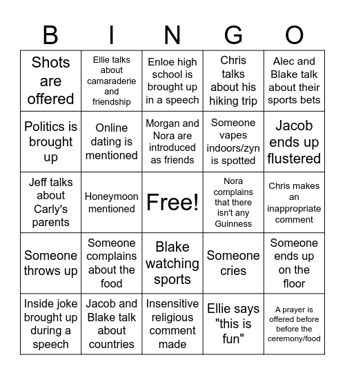 Jarvis Wedding bingo Card