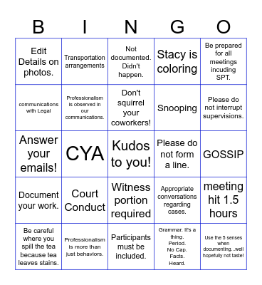 Unit Meeting Bingo Card