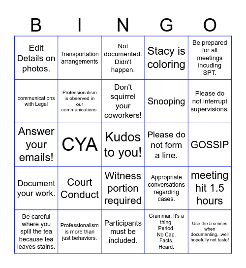 Unit Meeting Bingo Card