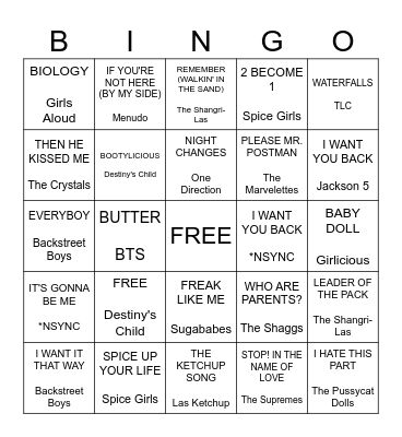 Girls vs Boys Bingo Card