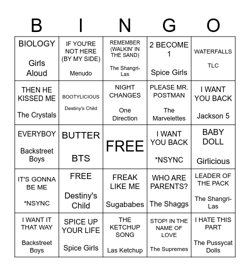 Girls vs Boys Bingo Card