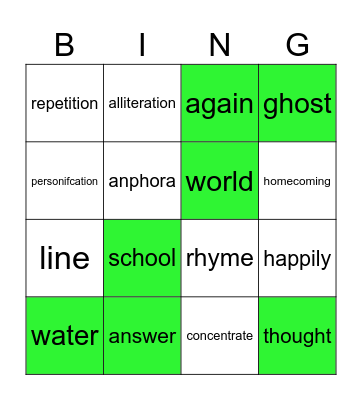 Poetry Vocabulary Review Bingo Card