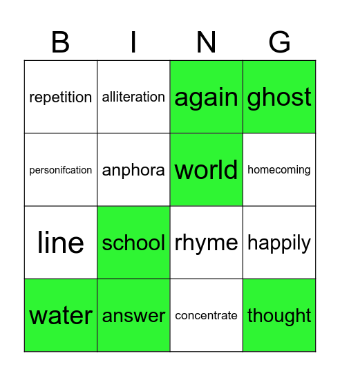 Poetry Vocabulary Review Bingo Card