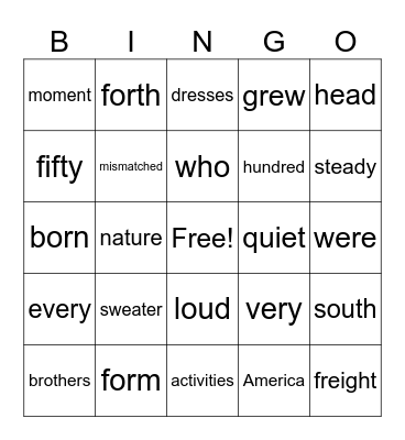 4th Grade Bingo Card