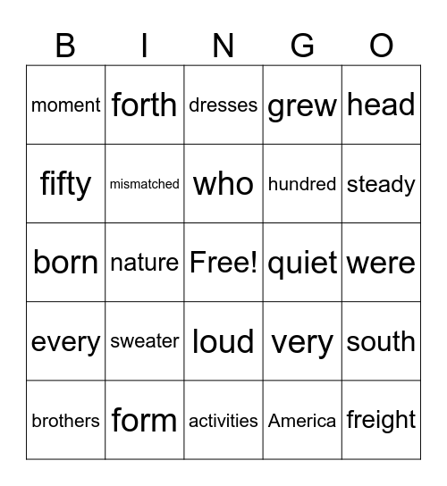 4th Grade Bingo Card