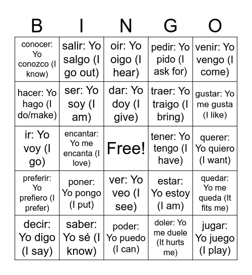 Irregular verbs + Stem-Ch_Spanish 1-2 Bingo Card