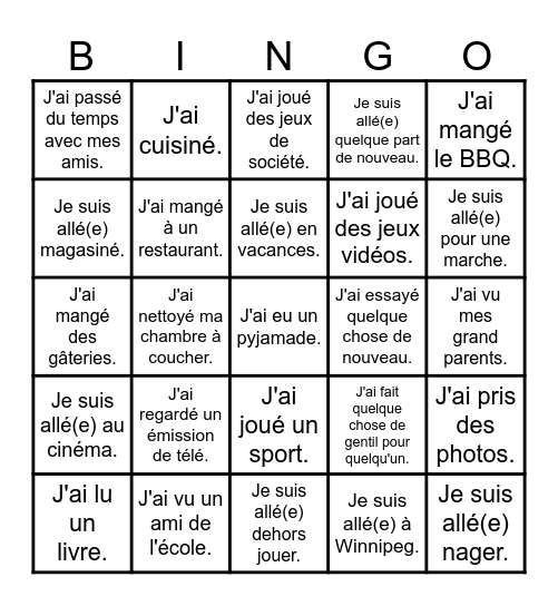Ma semaine de relâche Bingo Card