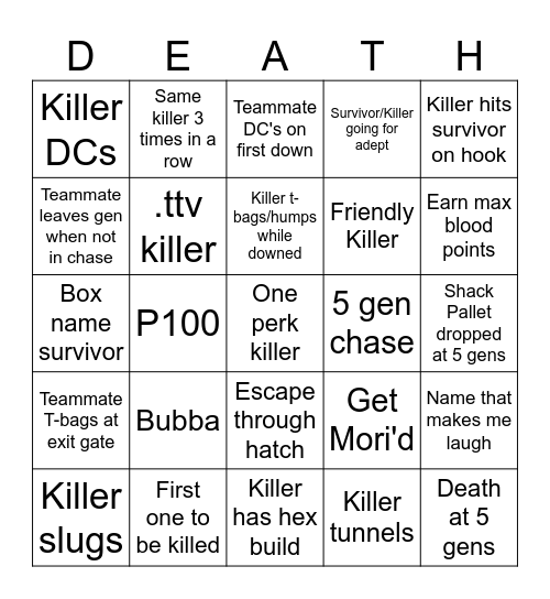 Ultimate DBD Bingo Card