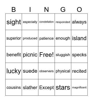 5th Grade Bingo Card