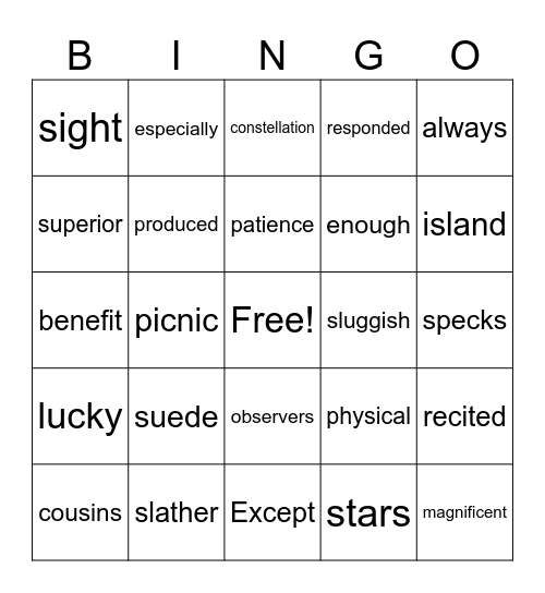 5th Grade Bingo Card