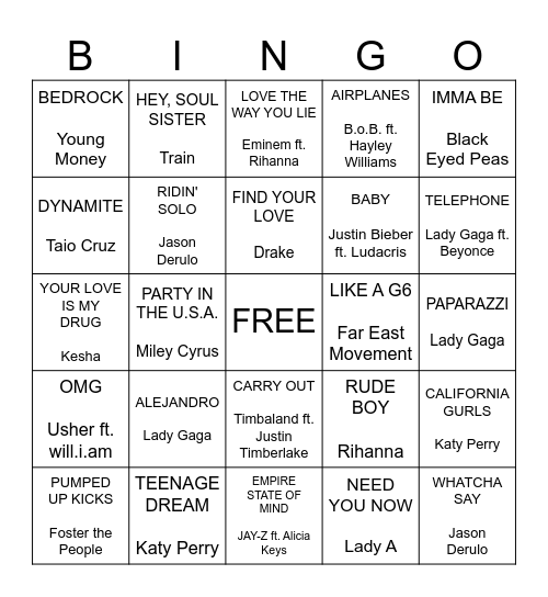 Hot 100 2010 Bingo Card